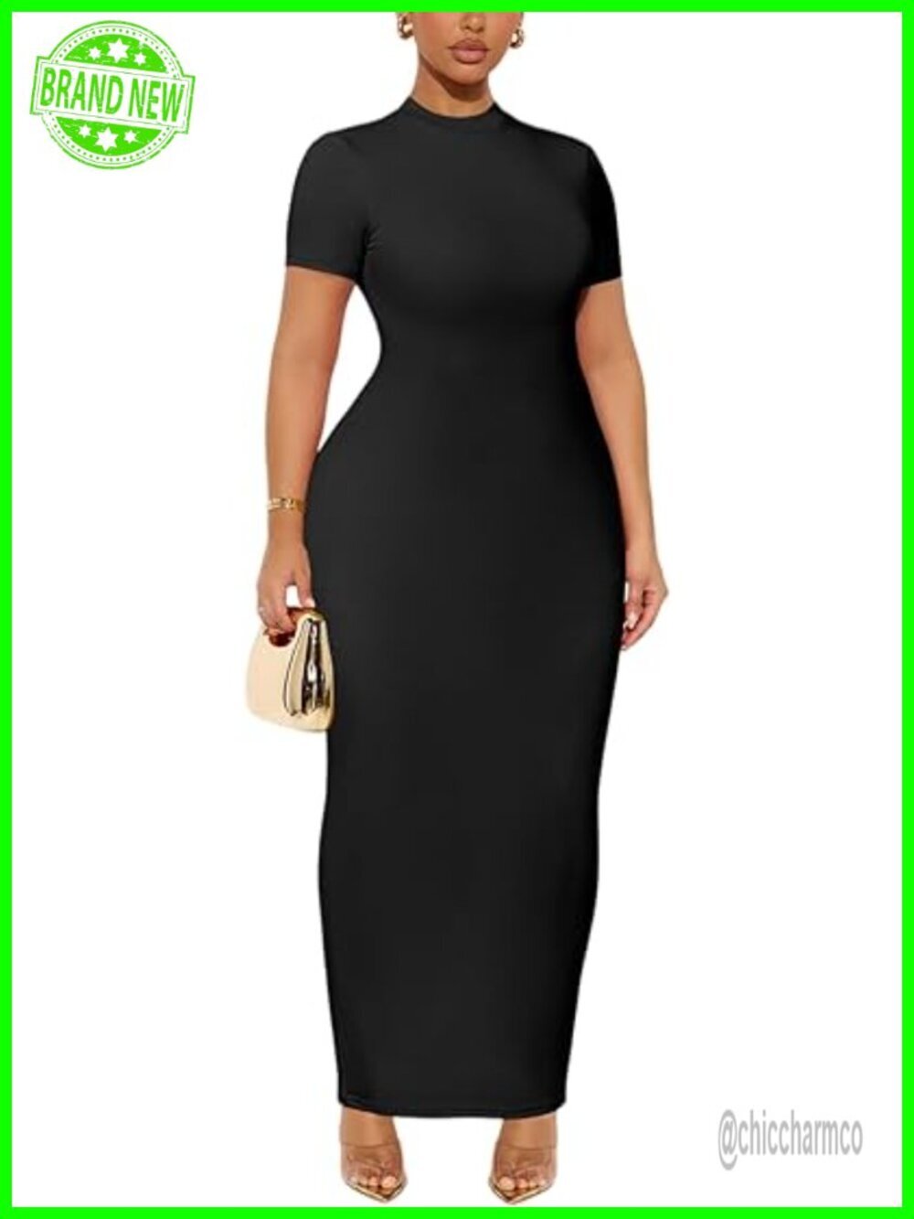 Short Sleeve Ribbed Bodycon Maxi Dress Mock Neck Keyhole Back